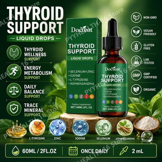 Docteat Thyroid Support Liquid Drops with Selenium, Zinc, Iodine, L-Tyrosine & Ashwagandha, Dropper Design for Daily Use, 60 ML