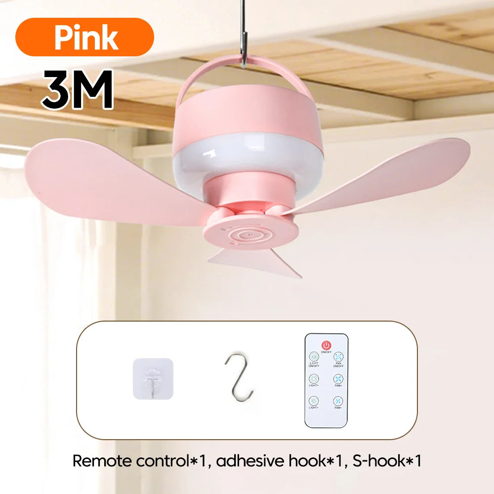 1.5/3M Ceiling Fan With LED Light and Remote Control USB Charging Household Outdoor Camping Tent Student Dormitory Bed Small Fan