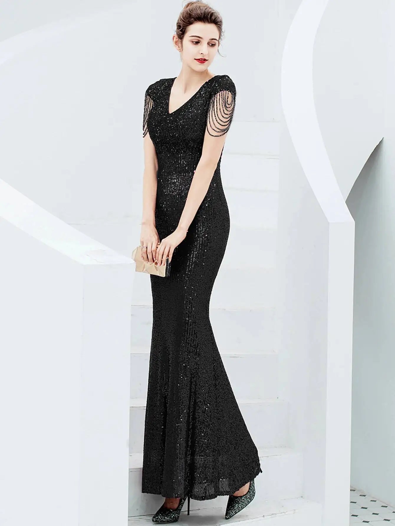 Sexy vintage maxi black sequin summer dress women 2025 elegant luxury birthday party long dresses fishtail evening dress vestido