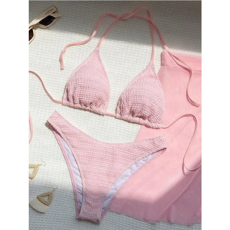 Pink Solid Color 3-piece Swimsuit Women 2026 Summer Beach Skirt Bikini V-neck Halter Backless Bathing Suit Summer Beach Swimwear