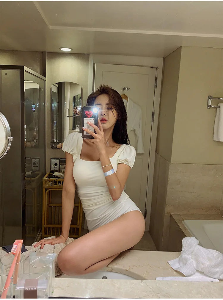 Slimming One-Piece Swimsuit Women's High-End Bubble Sleeve Square Collar Thermal Vacation Bodycon Sexy Pure Color Swimwear