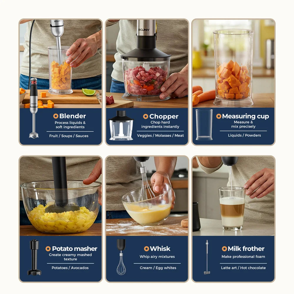 ROUNY 6-in-1 Multi-Purpose Immersion Hand Blender, Max 1500W Stick Blender with Stainless Steel Blades for Home and Kitchen