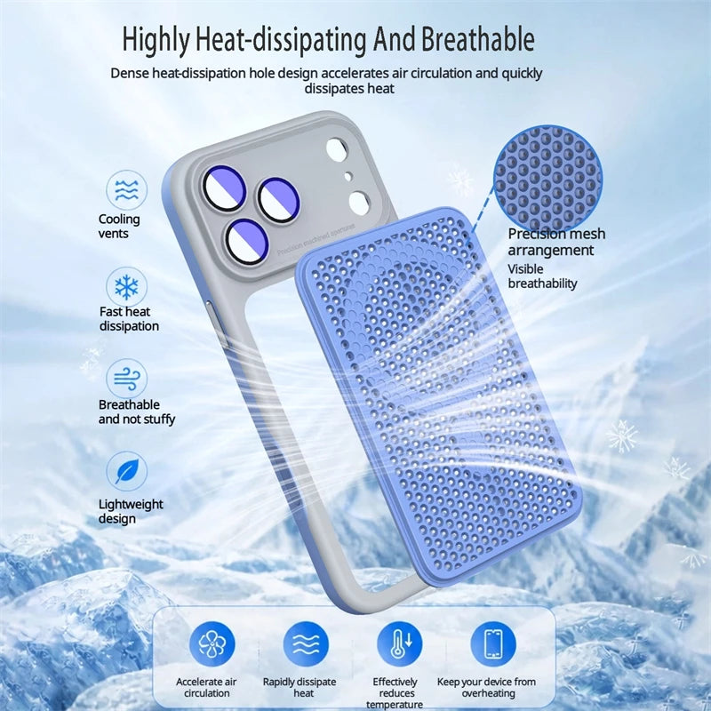 Heat Dissipation Mesh Magnetic Case for iPhone 17 15 14 13 12 16 Pro Max Plus For Magsafe Lens Protector Shockproof Bumper Cover