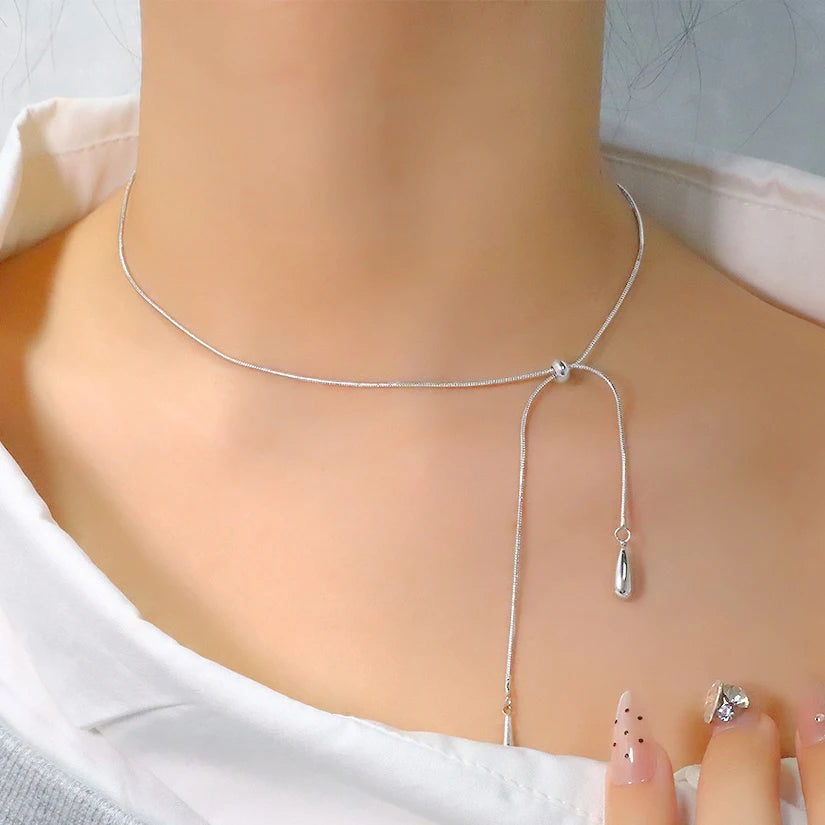 VENTFILLE  925 Sterling Silver Black Agate Necklace for Women Girl Snake Bone Chain Water Drop Jewelry Gift Dropshipping