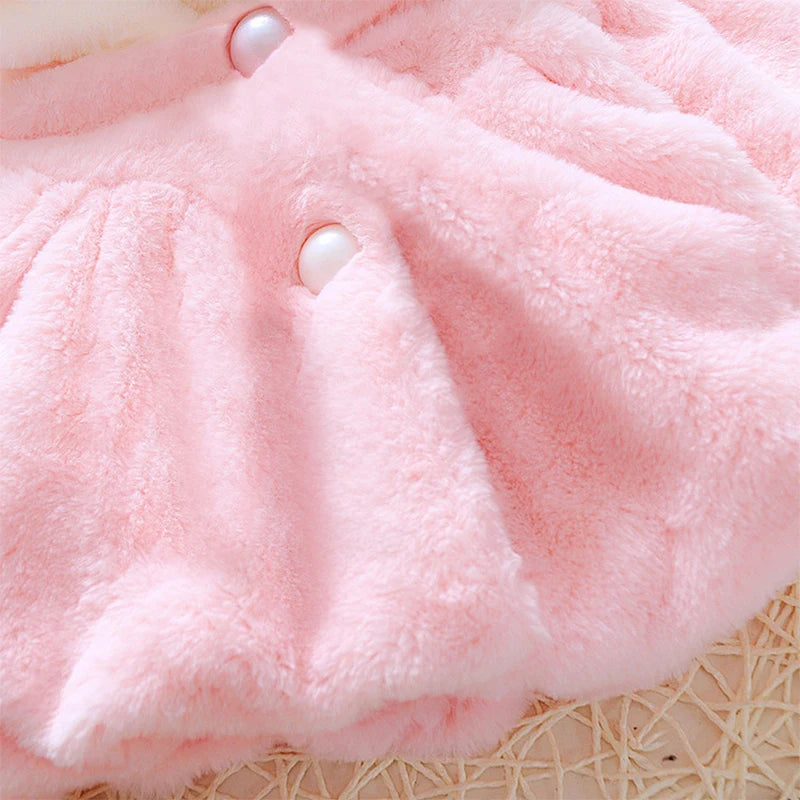 Winter Kids Jacket Newborn Girls Clothes Korean Cartoon Cute Hooded Thick Warm Fake Fur Fleece Pink Baby Tops Toddler Coat BC719