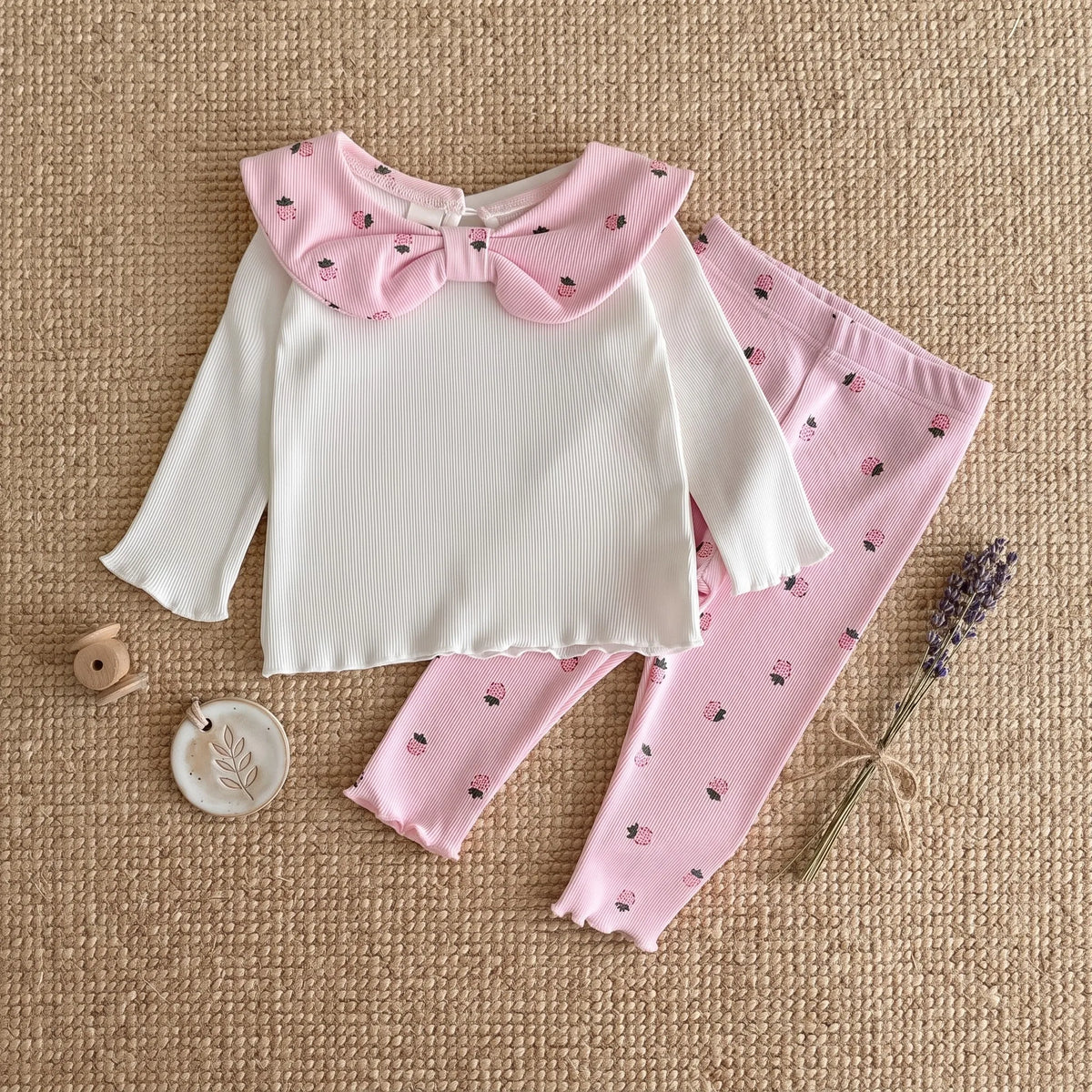 Baby Girls Strawberry Print Bow Collar Set, Infant Ribbed Long Sleeve Top & Strawberry Ruffle Leggings 2Pcs Outfit