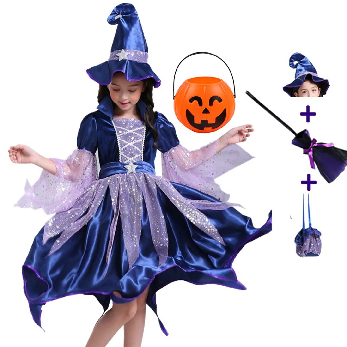 2026 Halloween Blue Witch Costume for Girls with Witch Hat Wand Bag Accessory Set  2-12T Girl Role Play Party Dress Vestidos
