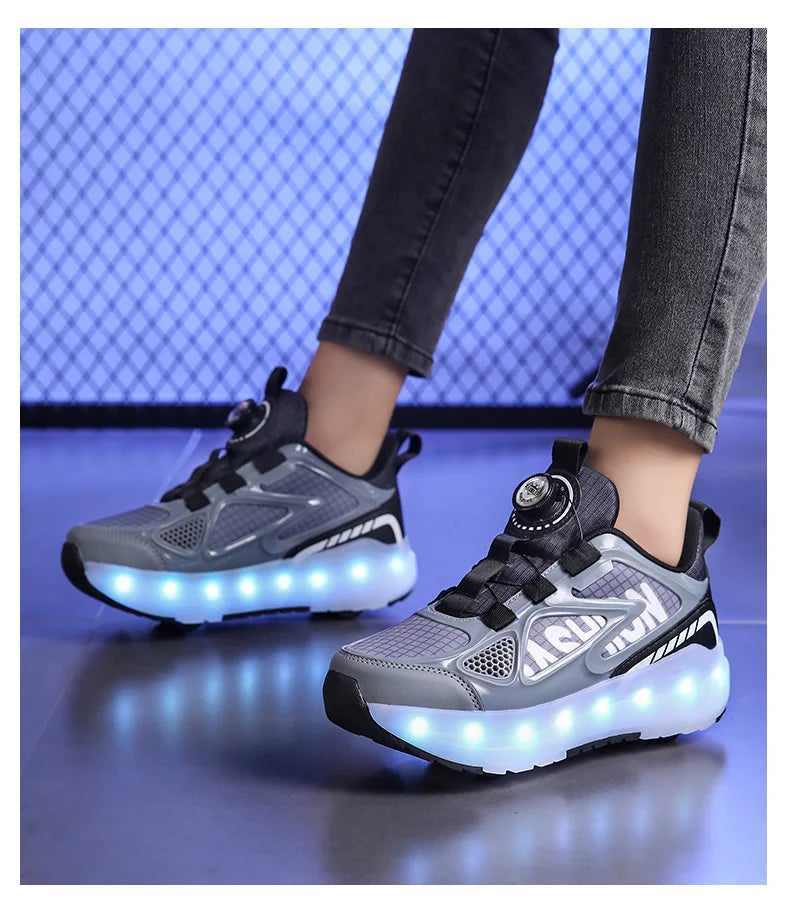 Children's Roller Skate Shoes 4-Wheels Removable Wheeled Rolling Shoes for Kids with LED Light Inline Skate Sneaker