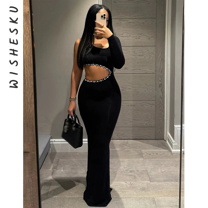 Sexy Slant Shoulder Cut Out Bodycon Maxi Dress Women Diamond Pearl Trim Luxury Party Vestido 2025 Summer Night Prom Clothes