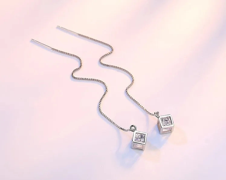 925 Sterling Silver Long Tassel Crystal Square Cube Zirconia Drop Earrings For Women Girs Sterling-silver-jewelry Pendiente