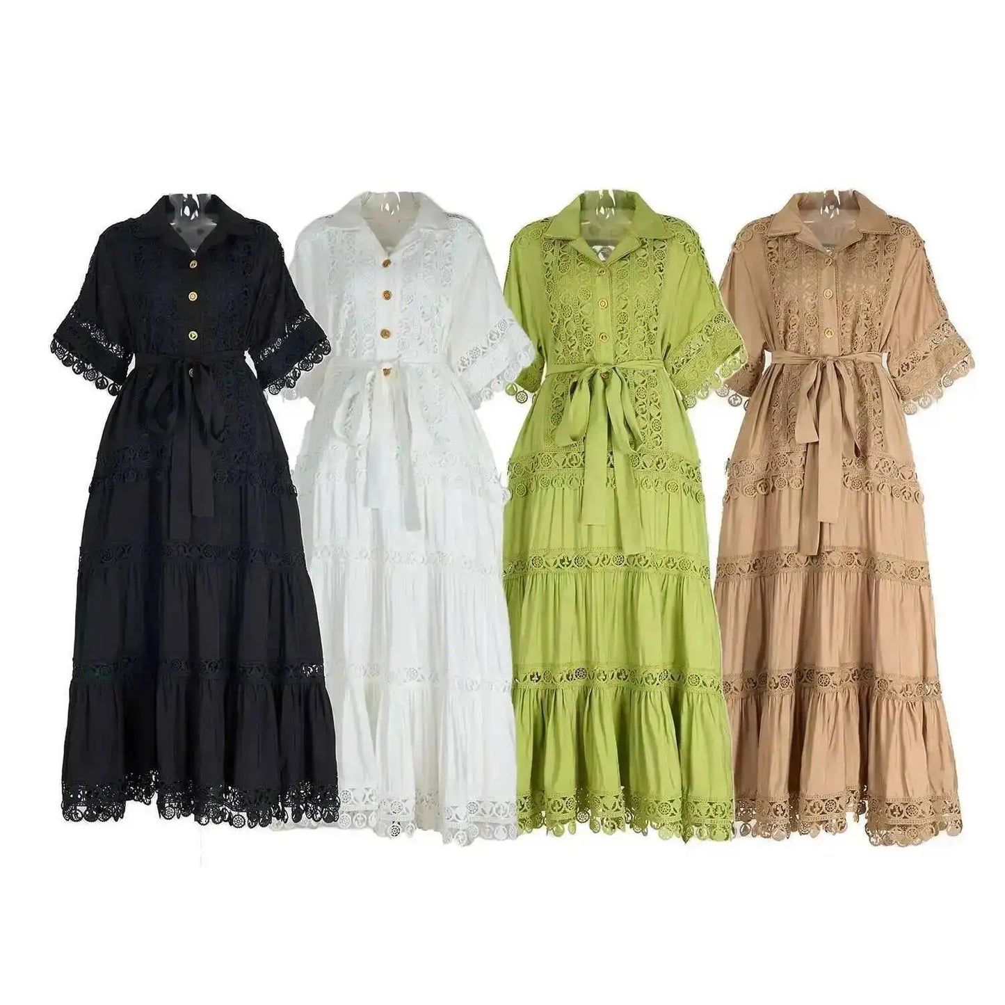 Luxury Long Maxi Dresses Shirt Women 2025 Summer Holiday Lace Embroidery Cotton Loose Big Size Hollow Out Wedding Dress White