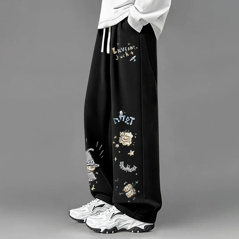 American Retro Graffiti Print Casual Pants for Men, Spring and Autumn Trendy Brand Loose Plus-size Straight Wide-leg Long Pants