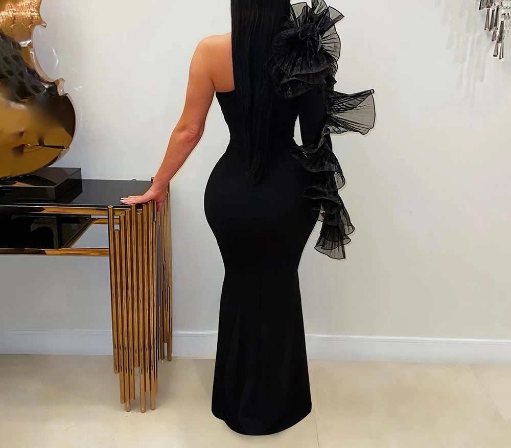 One Shoulder Long Dress Women Elegant Party Dresses Ruffles Sleeve Bodycon Evening Summer Dresses Female Birthday Dress HWY1896