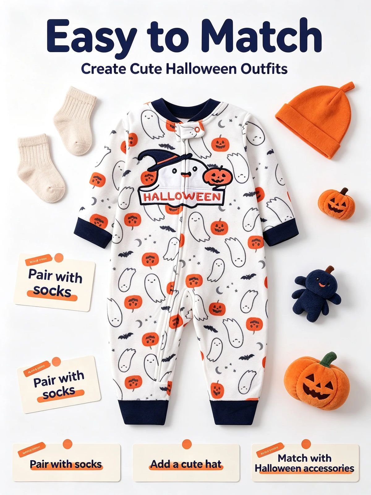 Halloween Baby Romper Polar Fleece Long Sleeve Full Zipper Infant Jumpsuit Ghost Pumpkin Print Footless Toddler Clothes 6-24M