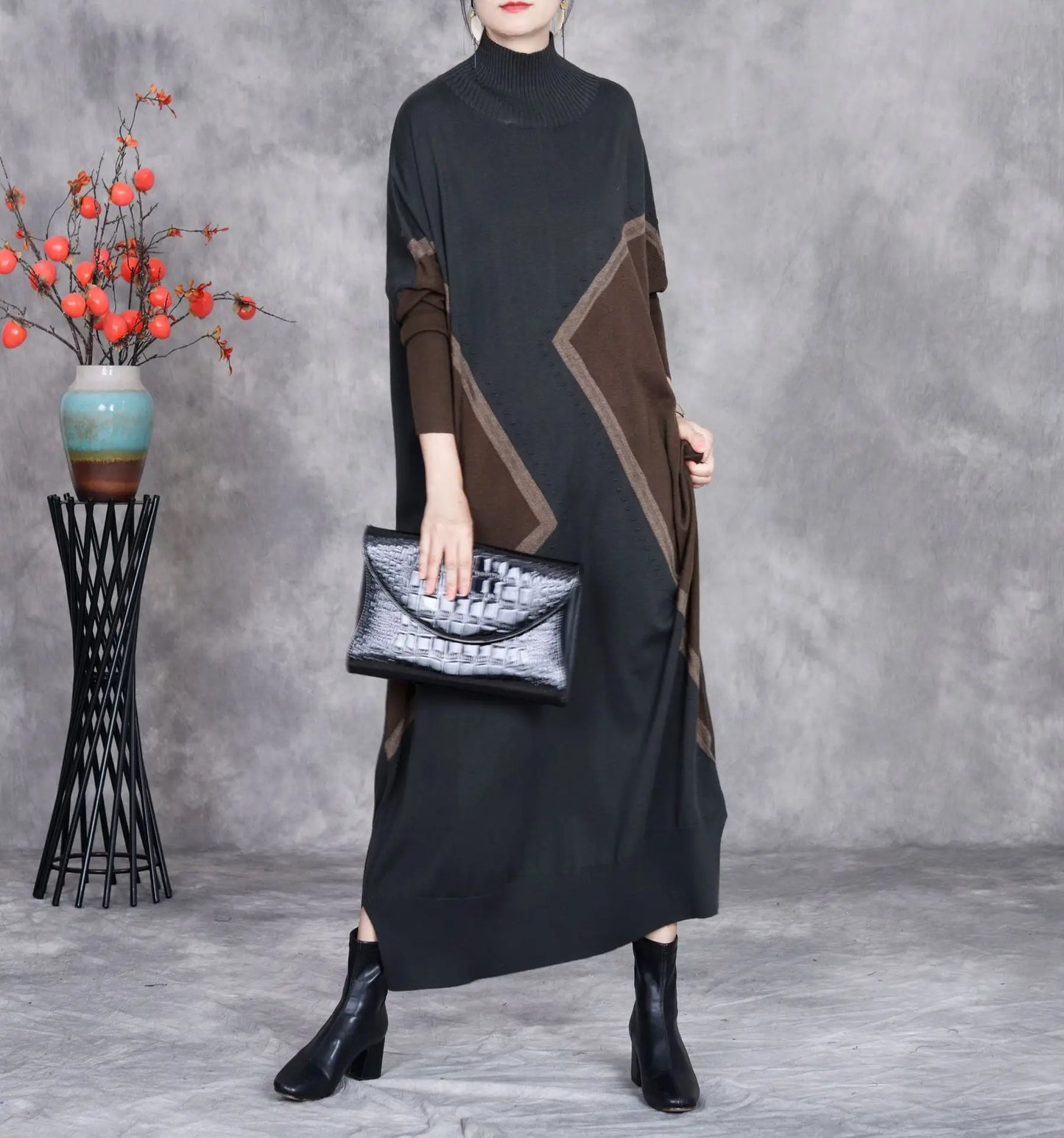 Johnature 2025 Woman Autumn New Fashion Mock Neck Loose Long Sleeves Dress Chinese Style Contrast Batwing Sleeve Casual Dress