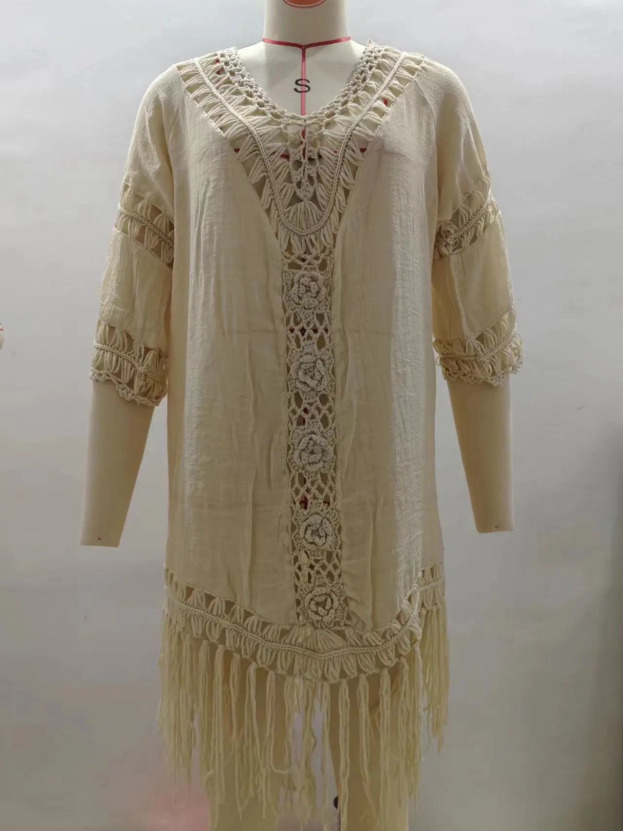 CROCHET BIKINI Knitted Beach Cover Up Women Bikini Swimsuit Hollow Out Dress Tassel Tunics Bathing Suits Cover-Ups Beachwear