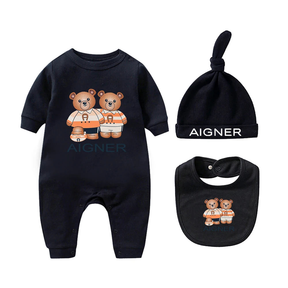 Popular bear jumpsuit, newborn autumn clothing hot selling, soft bib scarf hat, toddler jumpsuit set, baby long sleeved jumpsuit