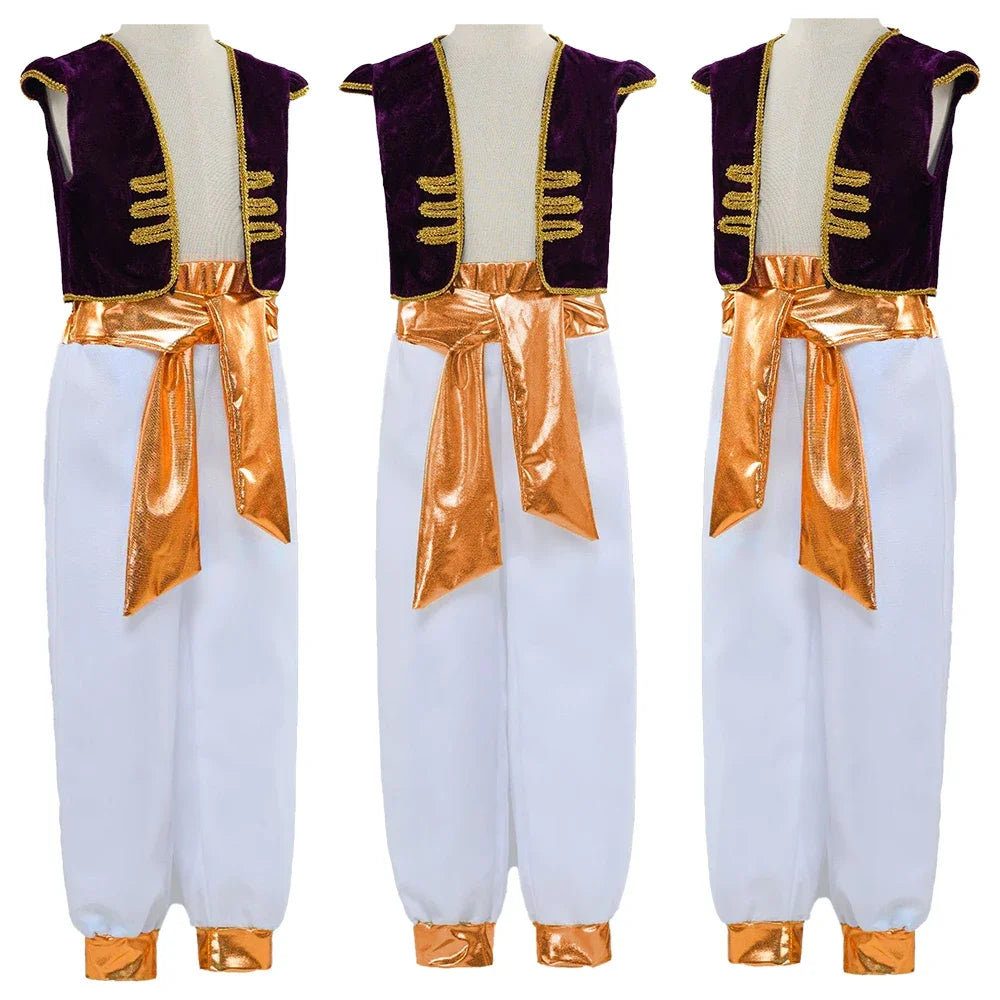 Boys  Arabian Prince Costumes Suit Halloween Party Stage Performance Outfits Kids Vest Pants Belt Street Wear Clothes