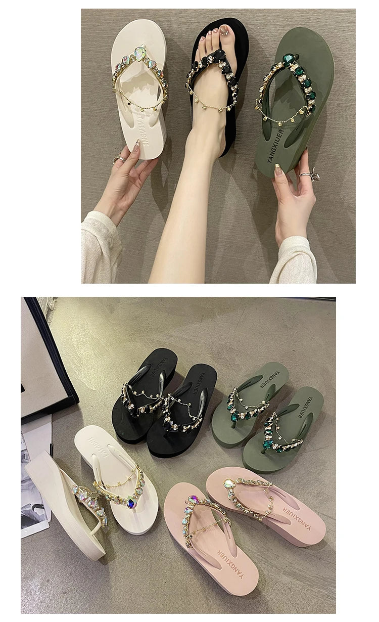 Rhinestone Chain Summer Flip Flops Sandals Women Comfortable Beach Shoes Non-slip Soft Bottom Casual 5cm Heels Wedges Slippers