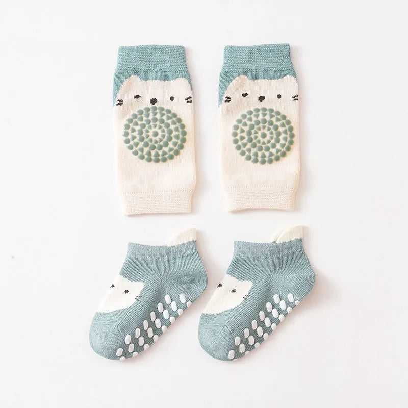 1 Set Socks and Kneepads Baby Non-Slip Socks Cute Cartoon Pattern Children Boys Girls Kids Toddler Floor Socks Kneepads