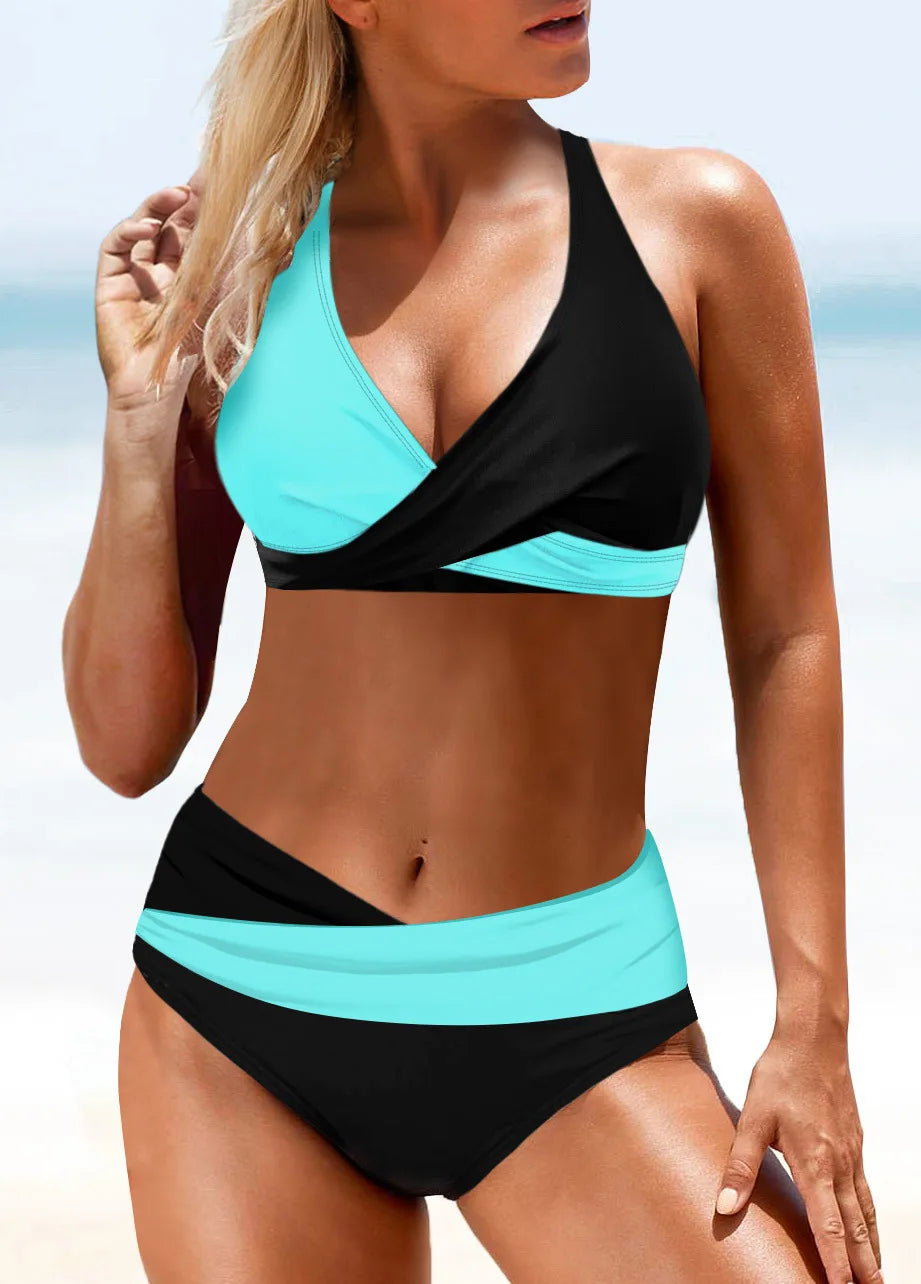 Hot Sale Of The Season New AB Version Spliced Conservative High Waist Bikini Swimsuit Women's Separate Print Flat Bottom Pants S