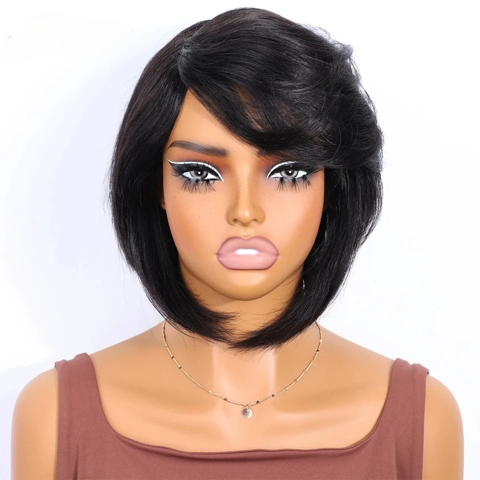 Short Straight Bob Human Hair Wigs With Bangs Full Machine Made Side Part Bob Human Hair Wigs For Women Beginner Friendly