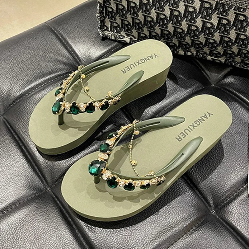 Rhinestone Chain Summer Flip Flops Sandals Women Comfortable Beach Shoes Non-slip Soft Bottom Casual 5cm Heels Wedges Slippers