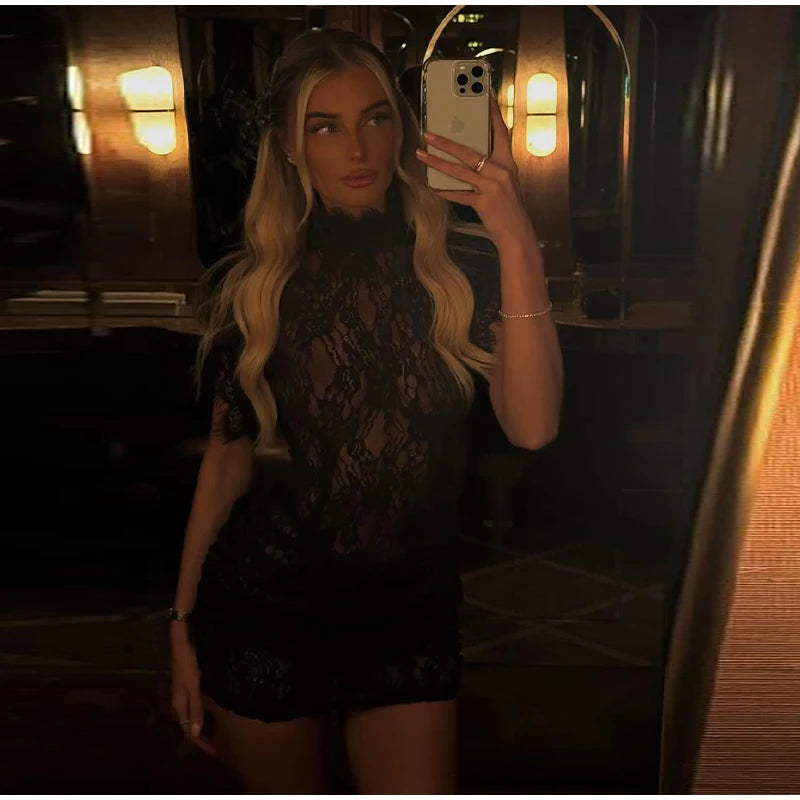 Sexy Lace See Through Party Dress Women Slim Fly Sleeve O-neck Evening Solid Dresses Female 2026 Patchwork Pleated  Robe Lady