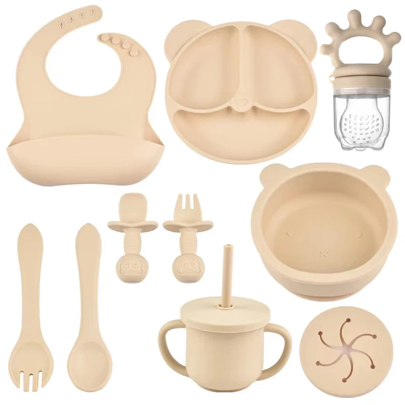 10pcs Children's Silicone Dinner Plate Set Strong Suction Anti-Fall Children's Eating Training Bowl Fork Spoon Feeding Tableware