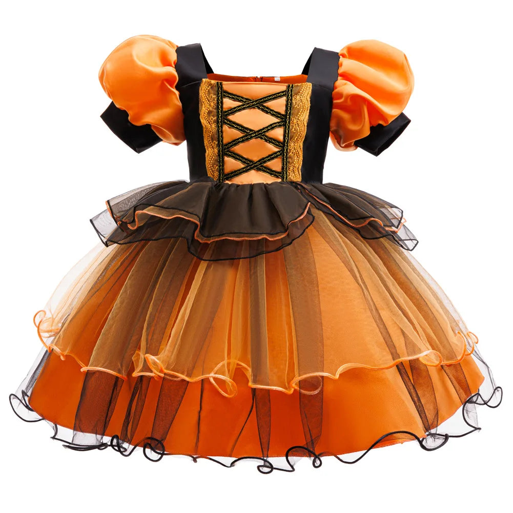 Girls Halloween Witch Costume Puff Sleeve Orange Black Layer Tulle Tutu Dress Kids Pumpkin Cosplay Outfit With Witch Headband Pu