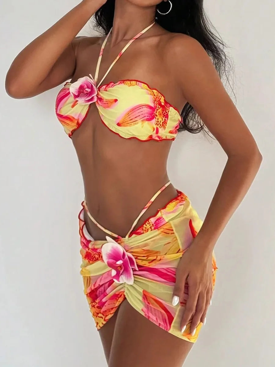 with Mesh Skirt 3D Flowers Halter Bandeau Bikini Women Swimsuit Female Swimwear Three-pieces Bikini Set Bathing Suit Beachwear