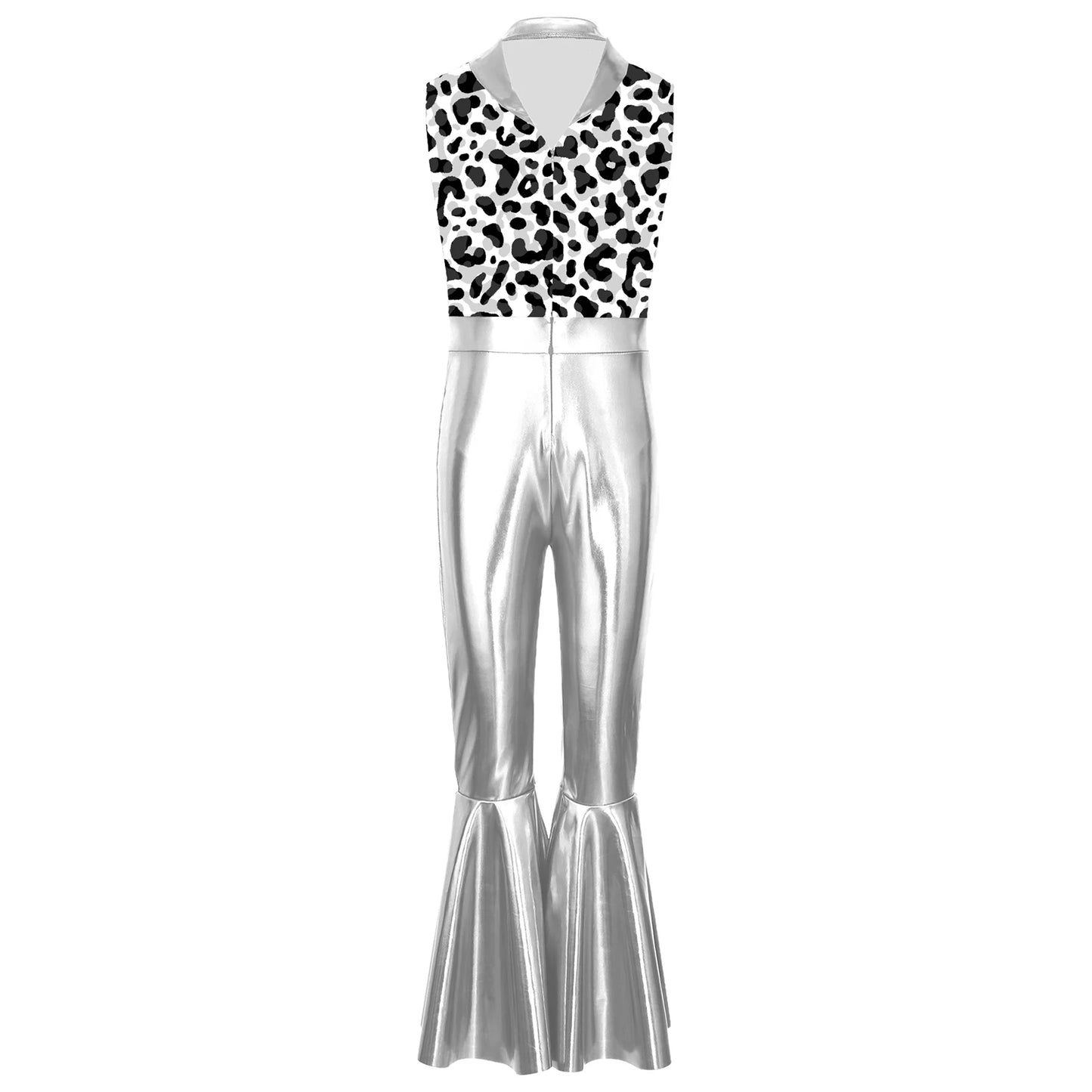 Children Boys 70-80s Disco Hippie Cowboy Costume Metallic Shiny Zipper Bell-bottom Jumpsuit for Halloween Carnival Cosplay Party