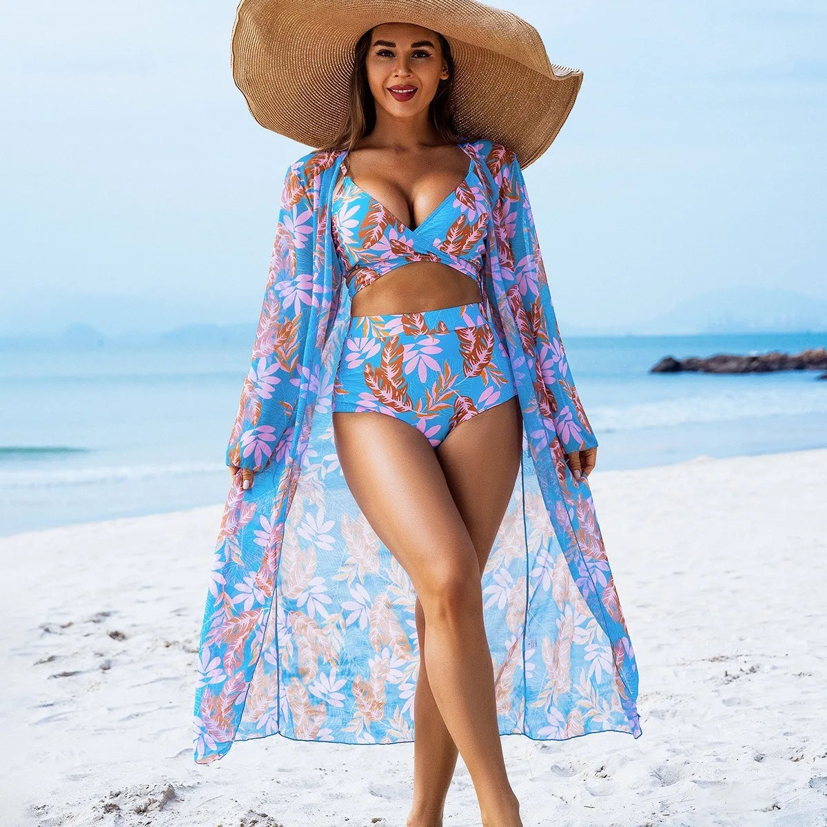 Women 3 Pieces Underwire Floral Bikini Set V Neck High Waist Swimsuit With Long Sleeve Kimono Cover Up Beach Bathing Suit