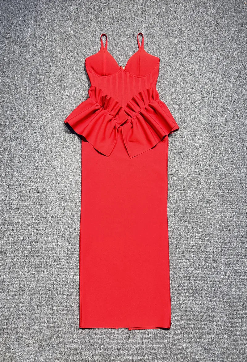Valentine's Day Women Sleeveless V-Neck Ruffles Bodycon Long Bandage Dress Celebrate Evening Party Birthday Cocktail Dress