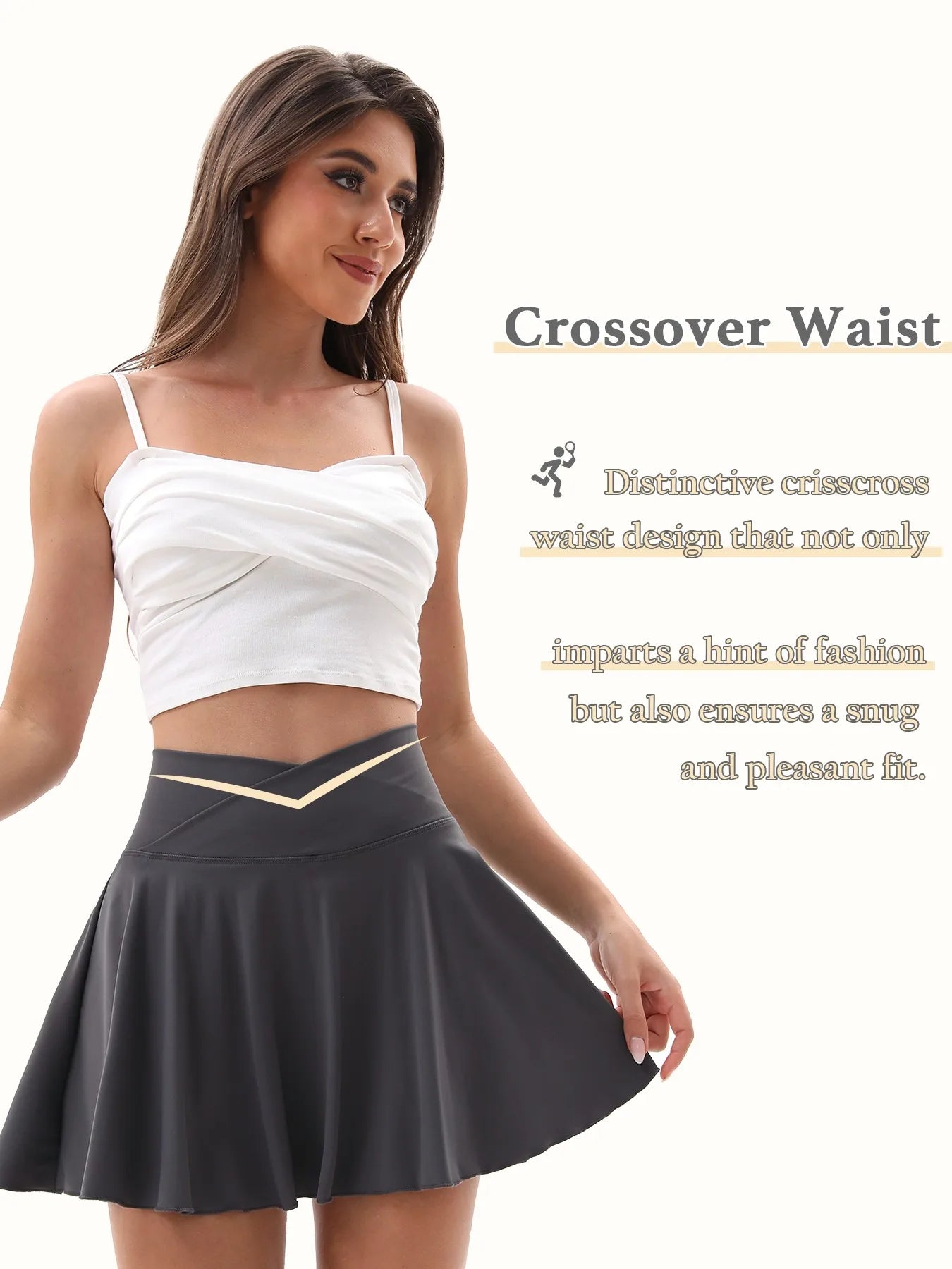 Cross Waist Tennis Skirt with Anti-Slip Shorts & Pockets, High Elastic A-Line Flared Skirt, Breathable Summer Sportswear