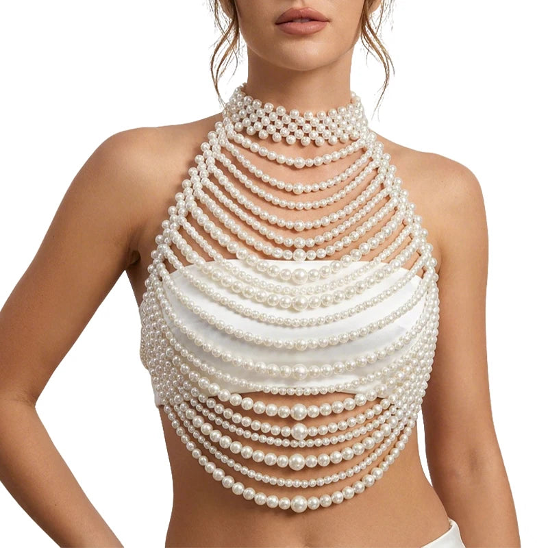 Handmade White Pearl Multilayer Bridal Halter Neck Vest Body Chain Pearl Bralette Chest Harness Beaded Bra