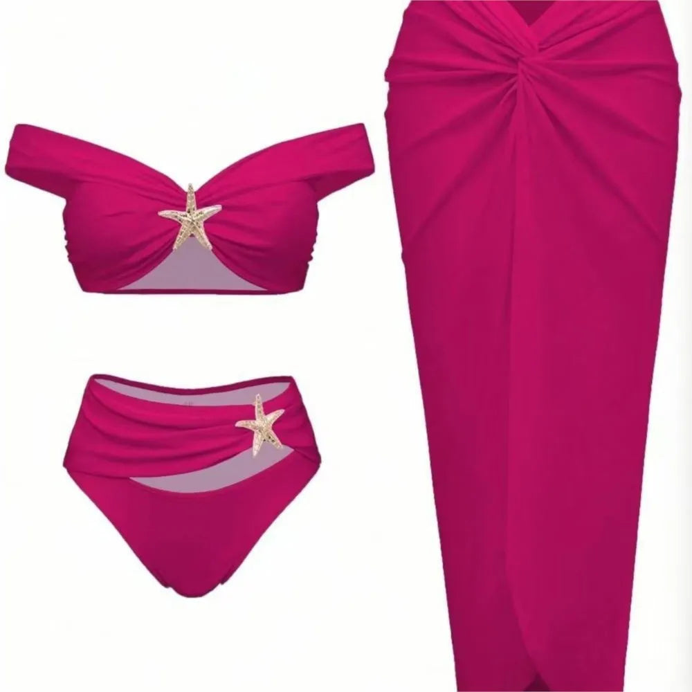 New Women's Clothing Starfish Bikinis Sets Solid Color Swimsuit Long Skirt Three Piece Simple Style Temperament Simple Style
