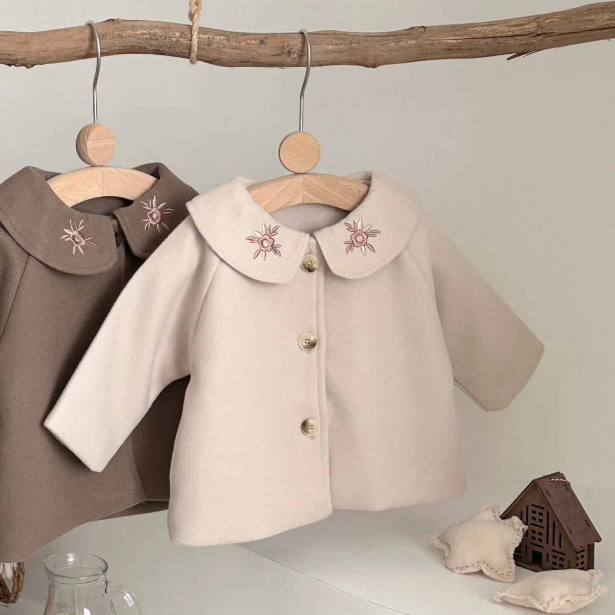 Soft Warm Baby Woolen Fabric Coat Beige/Camel Cute Sun Embroidery Lapel Jacket Infant Toddler Autumn Winter Going Out Outerwear