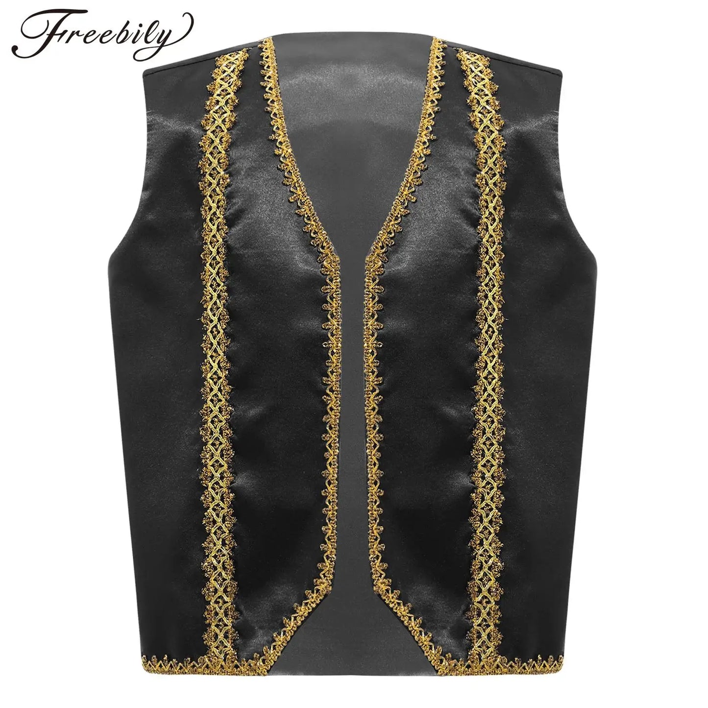 Kids Girls Boys Medieval Steampunk Costume Arabian Prince Sleeveless Golden Trim Waistcoat Vest Halloween Cosplay Fancy Dress Up