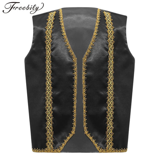 Kids Girls Boys Medieval Steampunk Costume Arabian Prince Sleeveless Golden Trim Waistcoat Vest Halloween Cosplay Fancy Dress Up