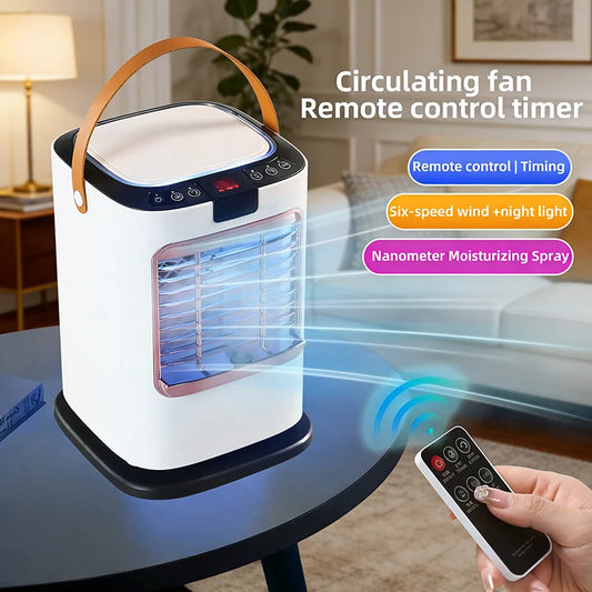 Portable Remote Control Air Cooler | Colorful Light, Dual Water Tank Ultrasonic Atomization, Strong Wind Silent Cooling Fan