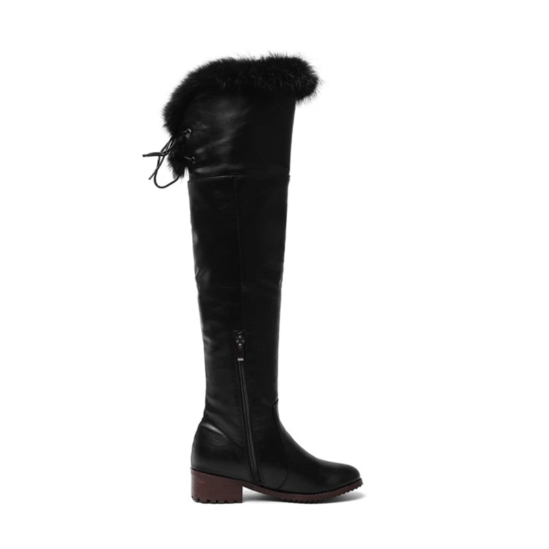 SIMLOVEYO Snow Boots fur Women Leather Boots Med Block Heels Over The Knee Boots Lady Shoes Bota Feminina Size 44 46