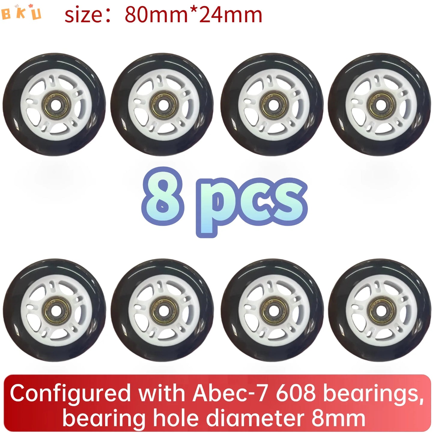 BKU 80mm PU Durable Replacement Wheels (8PCS) - Compatible with Inline Skates Scooters Strollers Suitcases