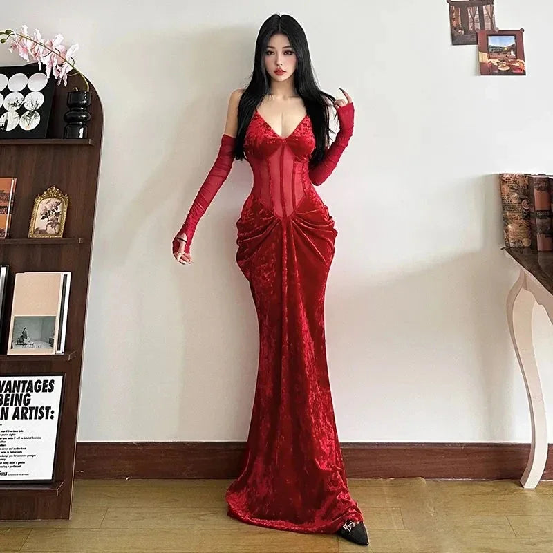 Fashion Velvet Women Camis Dress Y2K Sexy Slim Spaghetti Straps All Match Midi Dress Korean Chic Pleats Party Club Long Dress