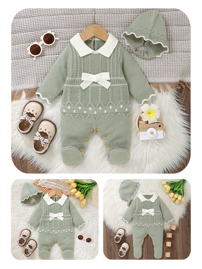 Soft Autumn Winter Baby Girls Rompers + Hat Outfits Multi-colors Available 0-9M Knitted Acrylic Newborn Baby Bodysuit Jumpsuit