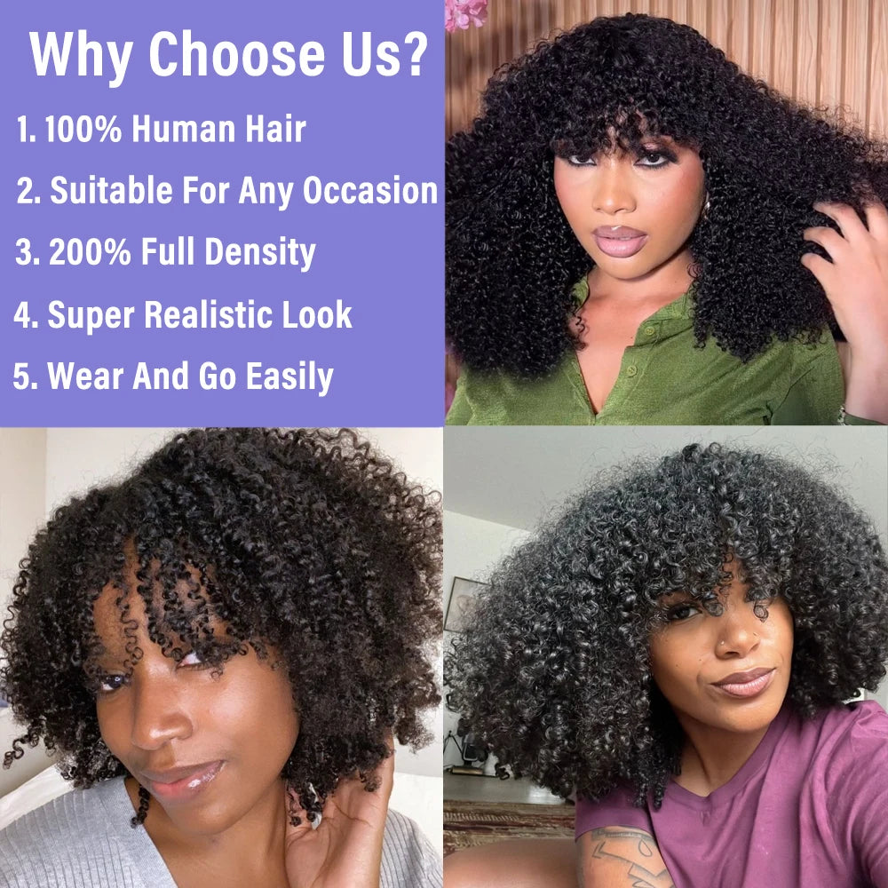 Mongolian Afro Kinky Curly Human Hair Wigs with Bangs Wear To Go Glueless Wig Remy Brazilian Short Curly Bangs Wig Human Hair