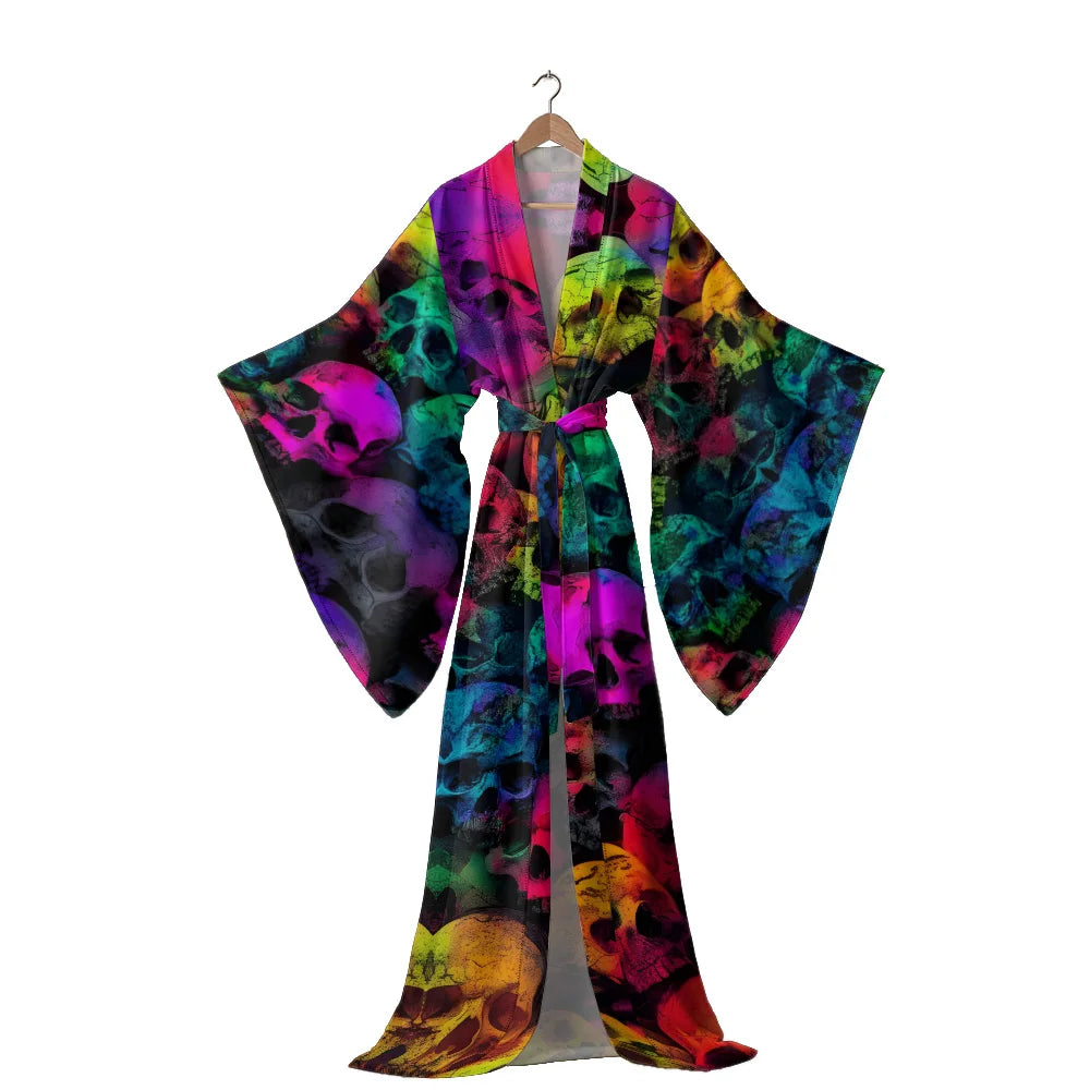 Halloween Cosplay Women's Sexy V-Neck Robe with Abstract Ghost Print - Long Sleeve Party Costume Unique Vampire Witch Long Robe