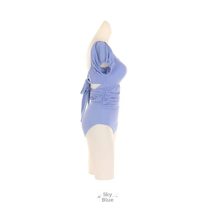 2026 New Women's One-Piece Swimsuit Short Sleeve Thermal Spring Soaking Slimming Waist Cinching Small Chest Student Tie-Bind