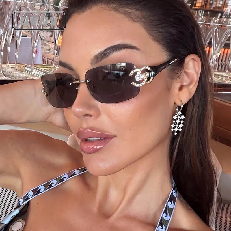 Sexy Popular Ins Rimless Square Sunglasses for Women Luxury Brand Design Diamond Punk Sun Glasses Cute Pink Shades Girls Eyewear
