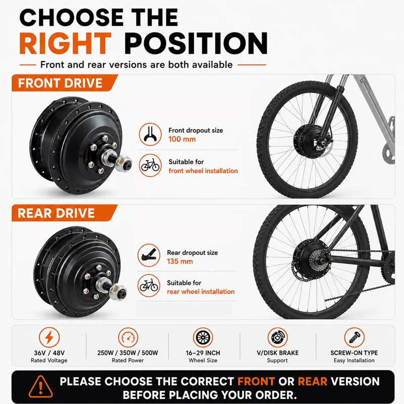 36V 48V 250W 350W 500W Front Rear Drive Brushless Gear Hub Motor Rotary Type High Speed E-Bike Motor Wheel Electric Bike Kit